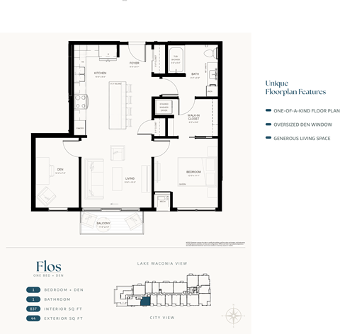 Floor plan for 1 bed, 1 bath, 837 sqft